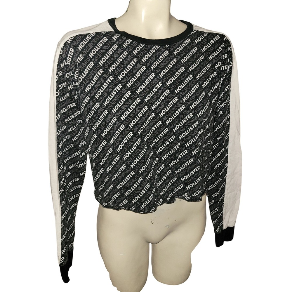 Hollister California‎ All Over Logo Long Sleeve Crop Top Shirt M Y2K Streetwear